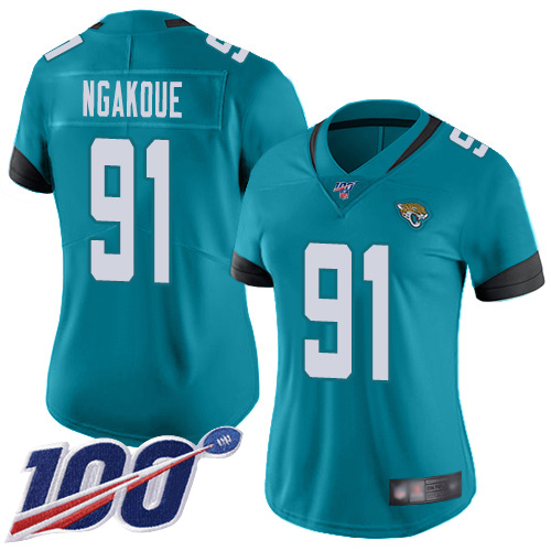 Nike Jacksonville Jaguars 91 Yannick Ngakoue Teal Green Alternate Women Stitched NFL 100th Season Vapor Limited Jersey